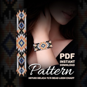 May include: A beaded bracelet with a geometric pattern in black, orange, blue, and white is displayed on a wrist. The image also shows a pattern chart with the text "Pattern" and "PDF Instant Download". The chart is for Miyuki Delica 11/0 bead loom.