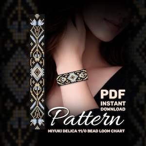 May include: A black beaded bracelet with a geometric pattern in gold, white, and blue is displayed on a wrist. The image also shows a pattern design with the words "Pattern" and "PDF Instant Download". The text "MIYUKI DELICA 11/0 BEAD LOOM CHART" is also visible.