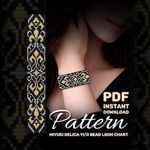 May include: Black beaded bracelet with a gold and white floral pattern. The image also shows a matching pattern design. Text on the image reads "PDF Instant Download Pattern MIYUKI DELICA 11/0 BEAD LOOM CHART".