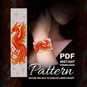 Puede incluir: Un patrón PDF digital para una pulsera de cuentas con un diseño de fénix en tonos rojos, naranjas y amarillos. El patrón se muestra sobre un fondo blanco con el texto "Pattern" y "PDF Instant Download". El patrón es para cuentas Miyuki Delica 11/0.