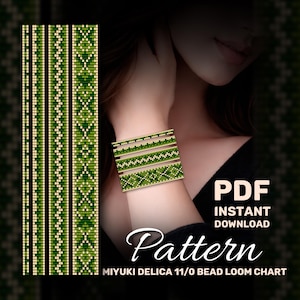 May include: A green and beige beaded bracelet with a geometric pattern is displayed. The image also shows a bead loom chart with a similar design. Text on the image reads "PDF Instant Download Pattern MIYUKI DELICA 11/0 Bead Loom Chart."