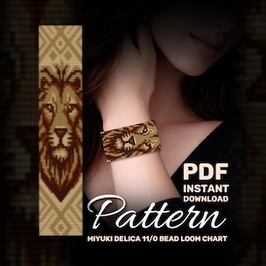 May include: A beaded bracelet with a lion design is displayed on a wrist. The bracelet is brown and gold. The image also shows a lion design pattern and the words "PDF Instant Download Pattern" and "MIYUKI DELICA 11/0 BEAD LOOM CHART".