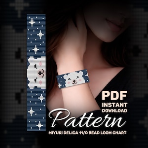 May include: A navy blue beaded bracelet pattern with a polar bear design and white stars. The pattern is for Miyuki Delica 11/0 beads. The image also includes the words "PDF Instant Download" and "Pattern".