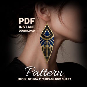 May include: A close-up of a beaded earring with a geometric design. The earring features a black, gold, and blue color scheme. The text "PDF INSTANT DOWNLOAD" is visible in the upper left corner. The word "Pattern" is written in cursive at the bottom.
