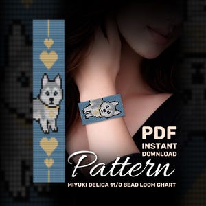 Op de afbeelding: Een blauwe kralenarmband met een gepixeld husky-hondontwerp wordt getoond op een pols. De armband heeft witte, grijze en gele details. De afbeelding toont ook een blauw verticaal ontwerp met een gepixelde husky en gele harten. De tekst op de afbeelding luidt "PDF Direct download Patroon".