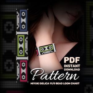 May include: A beaded bracelet with a cassette tape design. The bracelet has a black background with green, white, and pink accents. The image also includes the text "PDF Instant Download Pattern" and "MIYUKI DELICA 11/0 BEAD LOOM CHART".