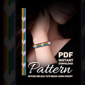 May include: A beaded bracelet with a rainbow design, worn on a wrist. The bracelet is made of small, colorful beads. The image also includes a pattern design with the text "PDF Instant Download Pattern MIYUKI DELICA 11/0 BEAD LOOM CHART".