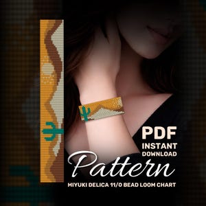May include: A beaded bracelet with a desert landscape design, featuring a cactus and mountains in shades of brown, yellow, and green. The image also includes a pattern design with the text "Pattern" and "PDF Instant Download".