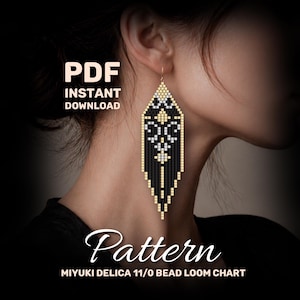 May include: A black, gold, and white beaded earring with a geometric design is shown. The earring is a long, rectangular shape with a detailed pattern. The image includes the text "PDF Instant Download" and "Pattern MIYUKI DELICA 11/0 BEAD LOOM CHART".