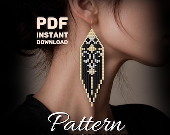 Miyuki Delica Earrings Pattern PDF, Black Gold Fringe Beaded Chart (Instant Download)