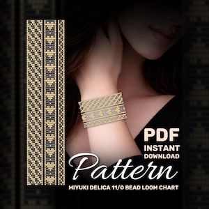 Puede incluir: Un diseño de pulsera de cuentas doradas y negras, mostrado en una muñeca. El diseño también se muestra como un gráfico de patrones. La imagen incluye el texto "PDF Descarga instantánea Patrón" y "MIYUKI DELICA 11/0 BEAD LOOM CHART".