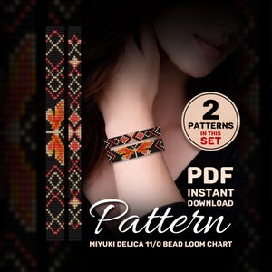 May include: Two beaded bracelets featuring a dragonfly and geometric design in black, red, and orange. The image includes text stating 2 PATTERNS IN THIS SET, PDF INSTANT DOWNLOAD, Pattern, and MIYUKI DELICA 11/0 BEAD LOOM CHART for this beadwork.