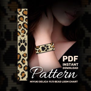 May include: A beaded bracelet with a leopard print design is displayed on a wrist. The pattern includes black, tan, and brown colors. The image also shows a matching pattern and the words "PDF Instant Download Pattern".
