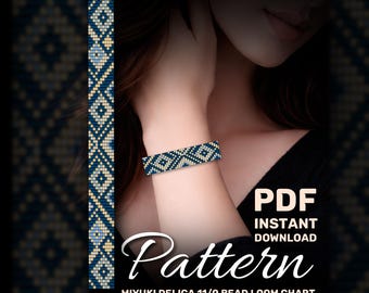 Blue Diamond Miyuki Delica Loom Bead Bracelet Pattern, Geometric Beadwork (PDF Download)