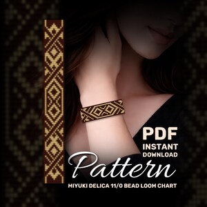 May include: A beaded bracelet with a geometric pattern in brown and gold is displayed on a wrist. The image also shows a pattern chart with a similar design. Text on the image reads "PDF Instant Download Pattern MIYUKI DELICA 11/0 Bead Loom Chart."