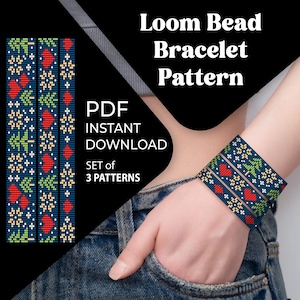 May include: A loom bead bracelet pattern with a navy blue background, featuring red hearts, green leaves, and white and yellow floral designs. The image includes the text "Loom Bead Bracelet Pattern", "PDF Instant Download", and "Set of 3 Patterns".