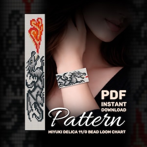 May include: A digital PDF pattern for a beaded bracelet with a pixelated dragon design in grey and black. The bracelet is shown on a wrist. The pattern also includes a dragon breathing fire. The text "Pattern" is displayed.