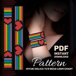 May include: A beaded bracelet pattern with a rainbow design and a red heart. The pattern is displayed on a wrist and next to the wrist. The text "Pattern" is displayed in a cursive font. The text "PDF Instant Download" is displayed in a white font.
