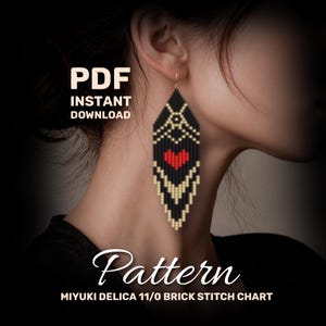 May include: A diamond-shaped beaded earring featuring a black, gold, and red heart pattern. The text reads PDF INSTANT DOWNLOAD Pattern MIYUKI DELICA 11/0 BRICK STITCH CHART. This is a digital design guide for creating beaded jewelry.