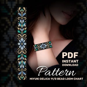 Miyuki Delica Bead Loom Armband Muster | Bloom Blue and Gold Elegant Design (PDF-Muster)