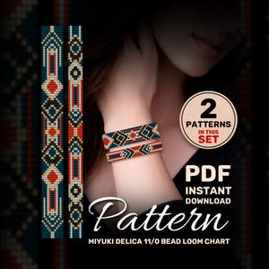 May include: A digital PDF pattern set for Miyuki Delica 11/0 bead loom weaving. The set includes two distinct geometric designs featuring red, blue, black, and cream-colored beads. Text on the image reads 2 PATTERNS IN THIS SET PDF INSTANT DOWNLOAD Pattern.