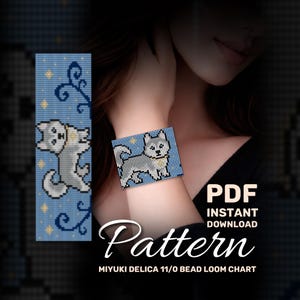 May include: A blue beaded bracelet with a pixelated husky design. The bracelet is square and features a grey and white husky with a yellow collar against a blue background with stars. The image also includes a matching pattern.