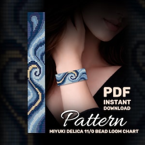 Wzór na bransoletkę z koralików Loom z motywem niebieskiej fali. Nowoczesna bransoletka z koralików Miyuki Delica Loom z koralików. Pobierz PDF (wzór PDF)