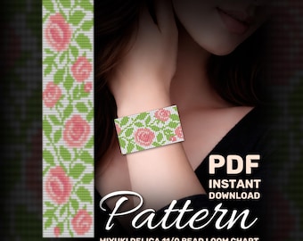 Rose Floral Bead Loom Bracelet Pattern, Miyuki Delica Loom Bead Pattern, Beading Chart (PDF Pattern)