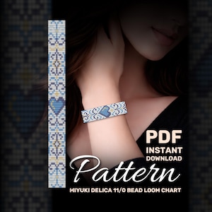 May include: A beaded bracelet pattern featuring a heart design in blue and white. The pattern is shown on a wrist. The image includes the text "PDF Instant Download Pattern" and "MIYUKI DELICA 11/0 BEAD LOOM CHART".