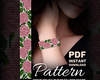 May include: A beaded bracelet with a pink rose pattern is displayed on a wrist. The design is also shown as a vertical pattern on the left. The image includes the text "PDF Instant Download Pattern" and "MIYUKI DELICA 11/0 BEAD LOOM CHART".