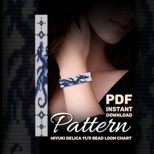 May include: A beaded bracelet with a blue and white pattern is displayed on a wrist. The image also shows a pattern chart with a similar design. Text on the image reads "PDF Instant Download Pattern MIYUKI DELICA 11/0 Bead Loom Chart."