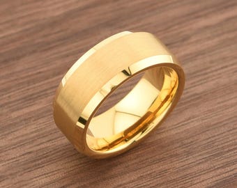 Men's Yellow Tungsten Carbide Promise Ring, Gold Wedding Band for Him