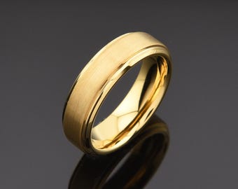 Classic Gold Promise Ring for Men, 6mm Comfort Fit Tungsten Promise Band Brushed Center, Gift for Boyfriend