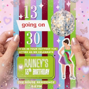 Puede incluir: Una tarjeta de invitación de cumpleaños rectangular con rayas verticales en azul, verde y granate. El texto dice 13 going on 30, join us in your hottest Y2K attire as we celebrate Rainey's 13th birthday, the Rouse residence, 6-8 PM.