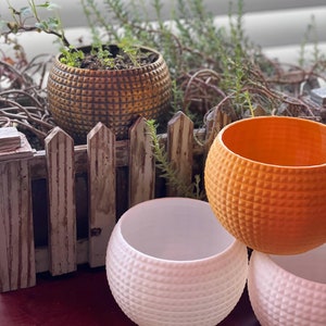 May include: Three round planters with a textured surface. The planters are in different colors: gold, orange, and white. The planters are sitting on a wooden surface.