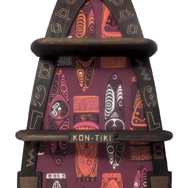 Orange/Purple "Kon-Tiki"  tribute tiki shelf to display your Polynesian themed mugs. Ebonized white oak