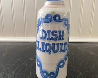 Vintage M.A. Hadley Pottery Dish Liquid Bottle | Hand-Painted Stoneware Soap Dispenser | Blue and White Folk Art | Signed M.A. Hadley
