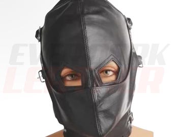 Máscara integral de cuero negro con hebillas – Capucha ajustable, estilo gótico, máscara de disfraz unisex
