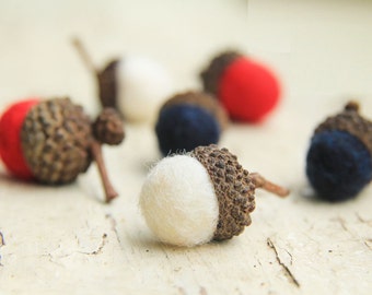 Patriotic RED WHITE & BLUE Wool Felted Acorns set of 24| boho, cottage chic, woodland, rustic