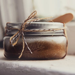 Coffee & Brown Sugar Scrub 8oz in Ball Jar w/ mushroom extracts Luxury Scrub, Exfoliating Scrub, Bridesmaid Gift, Coffee lover image 1