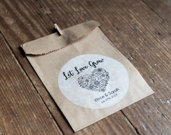 Let Love Grow - Seed Favors with SEEDS and Clothespins - Wedding Favors - 5x7 inch Kraft Paper Rustic Bags with wildflower seed mix