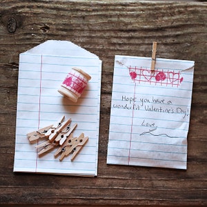 Set of 6- LOVE NOTE Paper Bag VALENTINES Set with Japanese Washi Tape and mini wooden clothespins