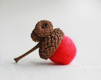 Set of 6 Red-  Wool Felted Acorns- As Seen in BETTER HOMES and GARDENS Magazine