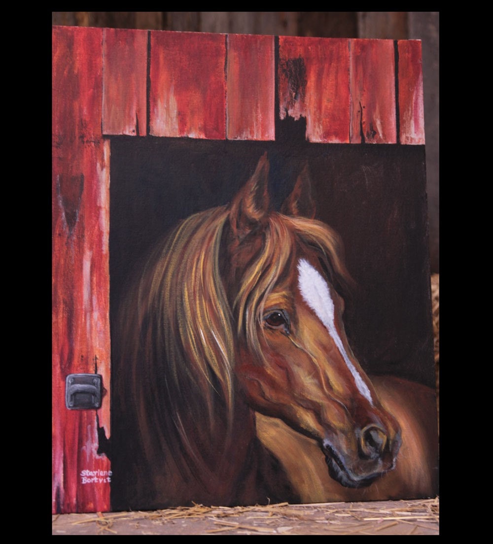 Horse in Barn Door 20 x 24 inch Acrylic Painting on Canvas board w