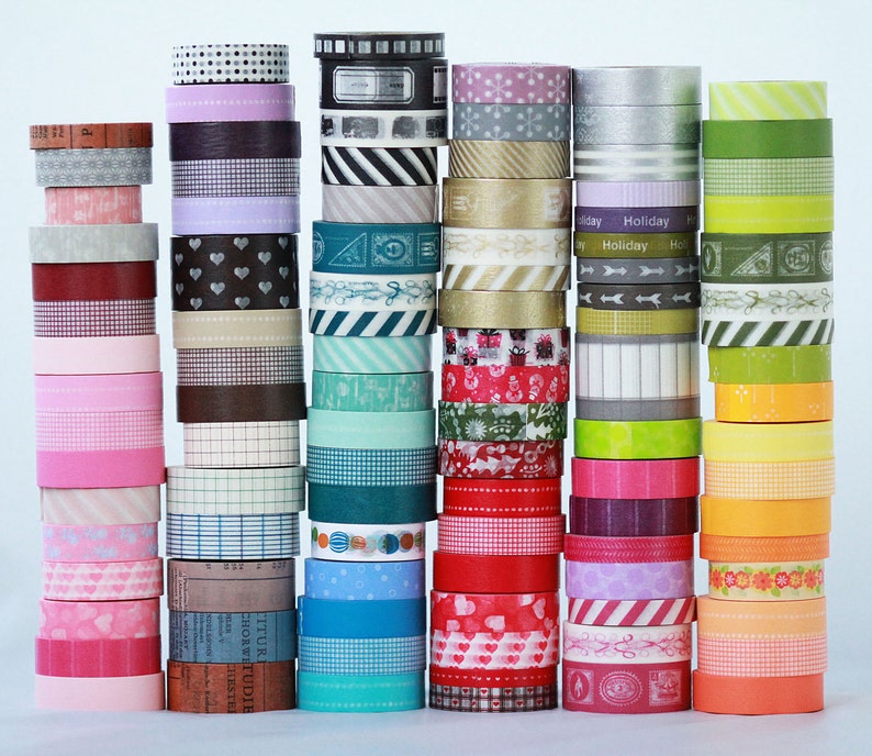 40 wooden spools Japanese Washi Tape Choose the Colors or Grab Bag Stripes / Dots / Chevron / Grid / Floral / Vintage Assorted Washi Set image 1