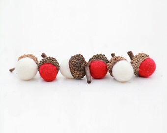 Set of 12 RED AND WHTE  Wool Felted Acorns| boho, cottage chic, woodland, rustic