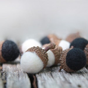 Set of 24 Noir et Blanc Merino Wool Felted Acorns boho, cottage chic, woodland, rustic image 1