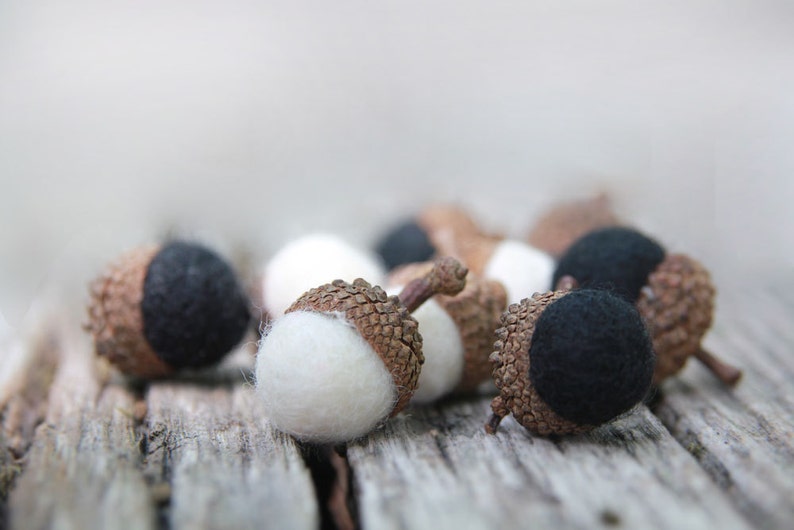 Set of 24 Noir et Blanc Merino Wool Felted Acorns boho, cottage chic, woodland, rustic image 1