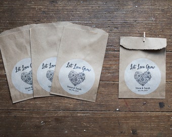 Let Love Grow - Seeds Favor Bags - Wedding Favors - 5 x 7 inch Kraft Paper Rustic Bags - No seeds or clothespins included