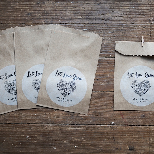 Let Love Grow - Seeds Favor Bags - Wedding Favors - 5 x 7 inch Kraft Paper Rustic Bags - No seeds or clothespins included